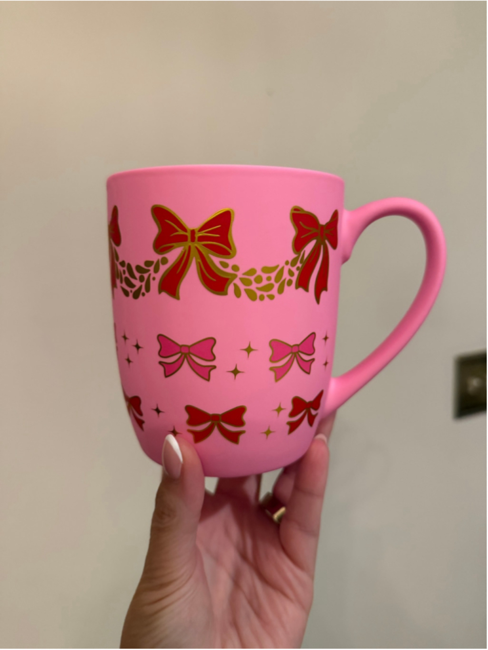 Peppermint & Pine Pink Mug with Red Bows One Size